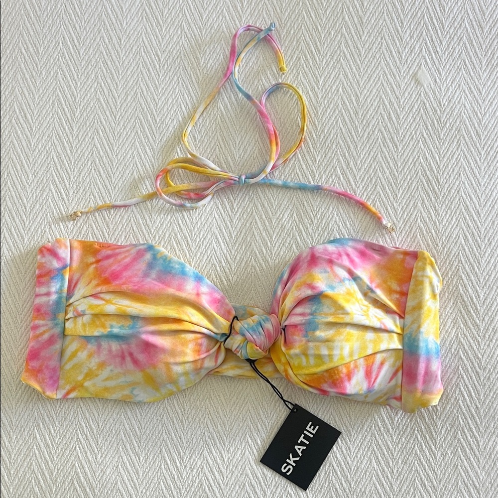 Skatie Tie-Dye Bandeau Bikini Top in Pink, Yellow & Blue